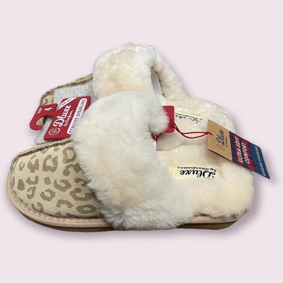 Kids' Dluxe by Dearfoams Suede Whistler Leopard Genuine Shearling Scuff Slippers - Picture 1 of 4